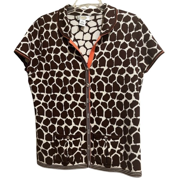 Vintage Talbots Women’s Giraffe Print Orange Trim Cardigan Cotton Cute Pockets L - Picture 1 of 6